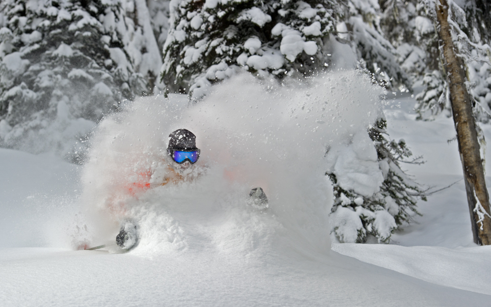 Ski guide in deep powder in Canada