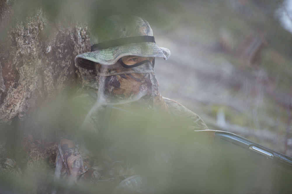 A turkey hunter hiding