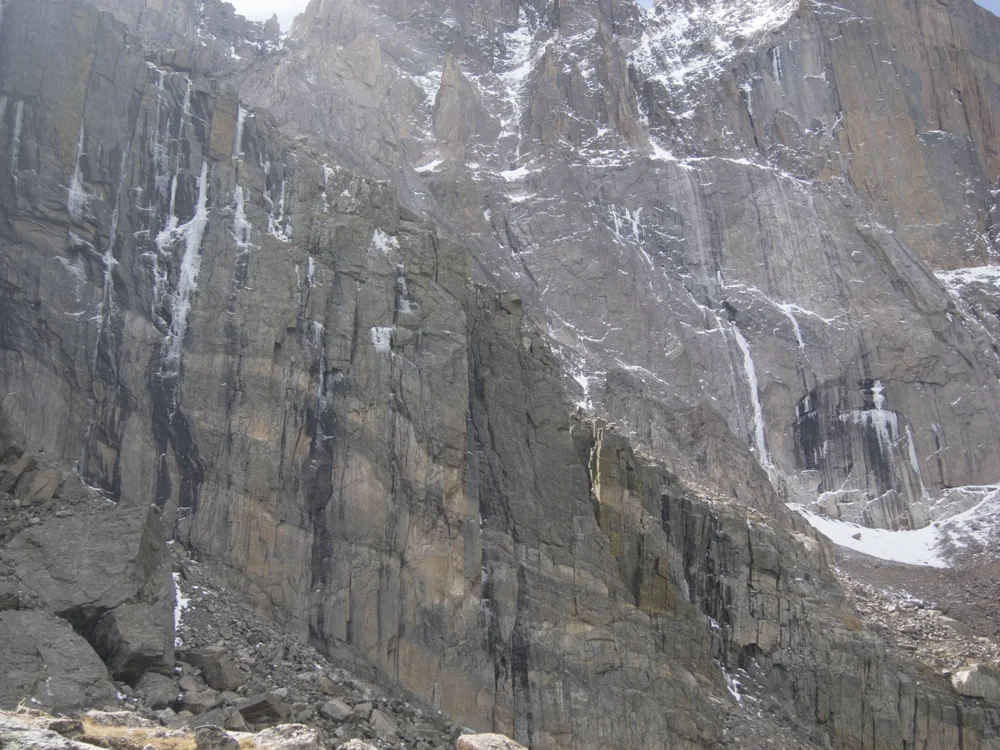 Fresh ice in the Chasm Lake cirque after the Colorado floods. 