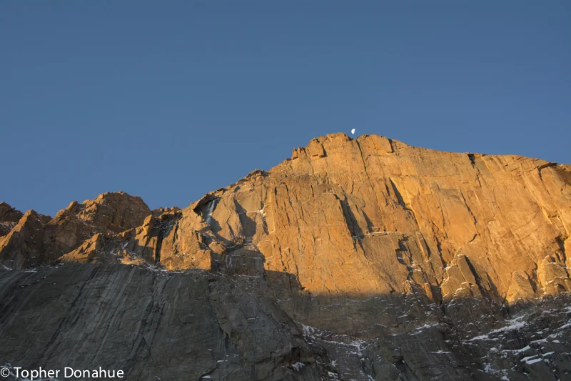 The Diamond, with the Window Pain smear visible on the left with a sunbeam passing through the Window. Conditions were ideal, starting with a moonset over the very top of the Diamond as we approached the wall.