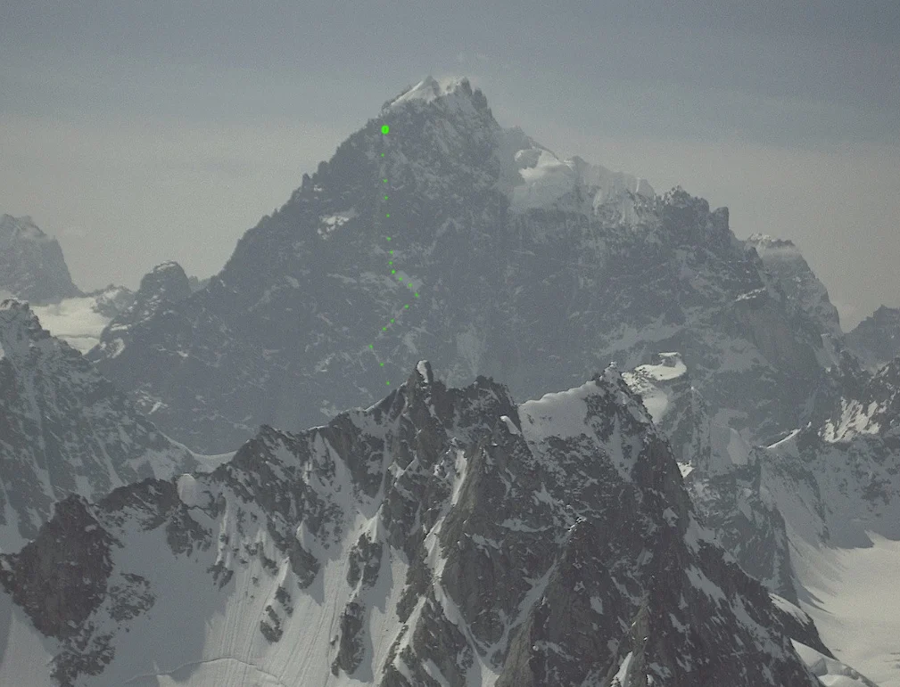 Photo taken by Sam Johnson&nbsp;of the Medusa Face of Mt. Neacola showing Harvey/Donahue line and high point.