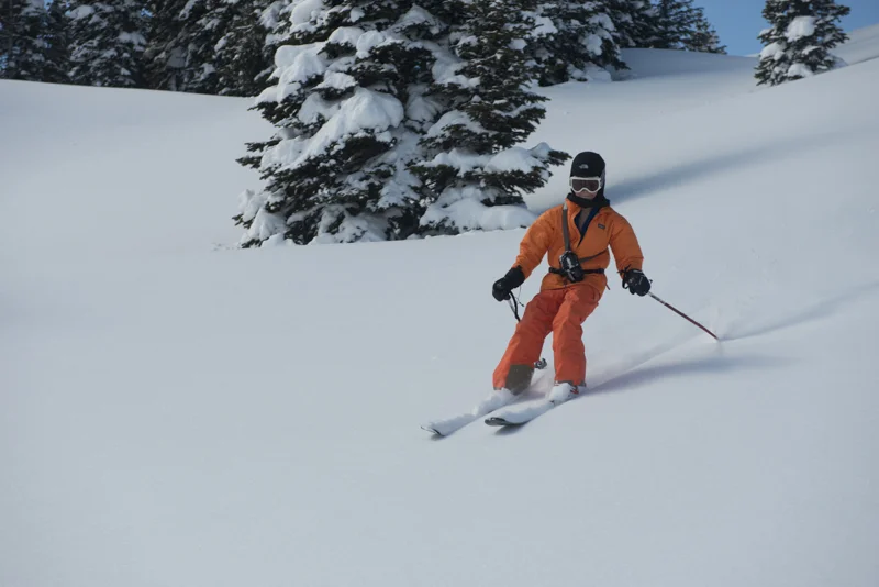 A wide open glade of 20 degree powder is all you need for a fresh tracks extravaganza. Although helmets are not as common in the backcountry, cross country skiing or snow play, it's always smarter to wear one. The next time we went out, we took helmets.