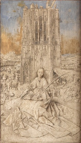 "Saint Barbara" (1437), by Jan Van Eyck. Metalpoint, brush drawing, and oil on wood. Photo by Lukas Image Bank, Belgium. Koninklijk Museum voor Schone Kunsten, Antwerp, Belgium.