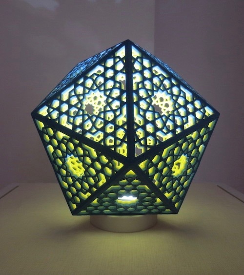 Screened Icosahedral Lamp (2013), by Phil Webster; 3D-printed plaster composite with LED light.