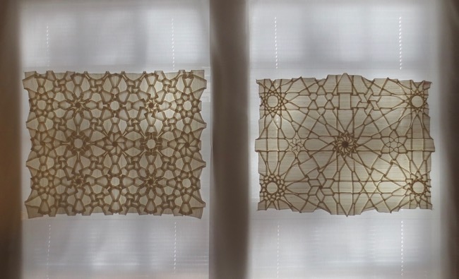 "Shadowfold Zillij Dodecagrams" (2010) and "Shadowfold Zillij Octagrams" (1997), folded and pleated silk, uncut and undyed, by Chris Palmer.