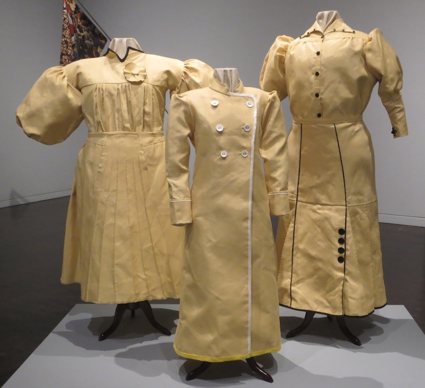 Kevlar Fighting Costumes (2015), by Nao Bustamente. An homage to the courageous women soldiers (soldaderas) who fought in the Mexico revolution (1910-20. Re-imagined traditional garments, only now with protection against bullets and knives.