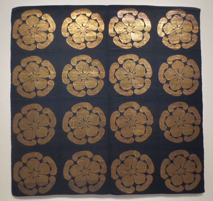 Japanese Buddhist altar cloth (uchishiki), early 1800s. Silk, gold leaf on paper strips, twill lampas, supplementary-weft patterning.