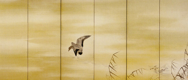 "Goose and Reeds; Willows and Moon" (1774, 1793), by Maruyama Ōkyo. Ink, color and gold on paper. Mary Griggs Burke Collection. Metropolitan Museum of Art, New York. Source: http://metmuseum.org/art/collection/search/671024