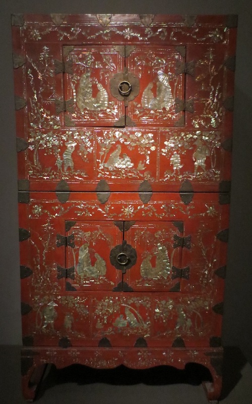 Two-tiered chest with stand, 1800-1850 (Joseon dynasty, 1392-1910). Lacquered wood with inlaid mother-of-pearl and metal fittings. Asian Art Museum, San Francisco.