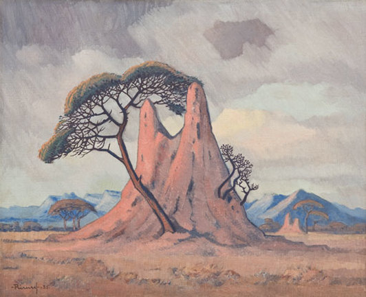 "South West African Landscape with Termite Hill, Umbrella Trees and Mountains in the Background" (1935), by Jacob Hendrik Pierneef. Source: https://commons.wikimedia.org