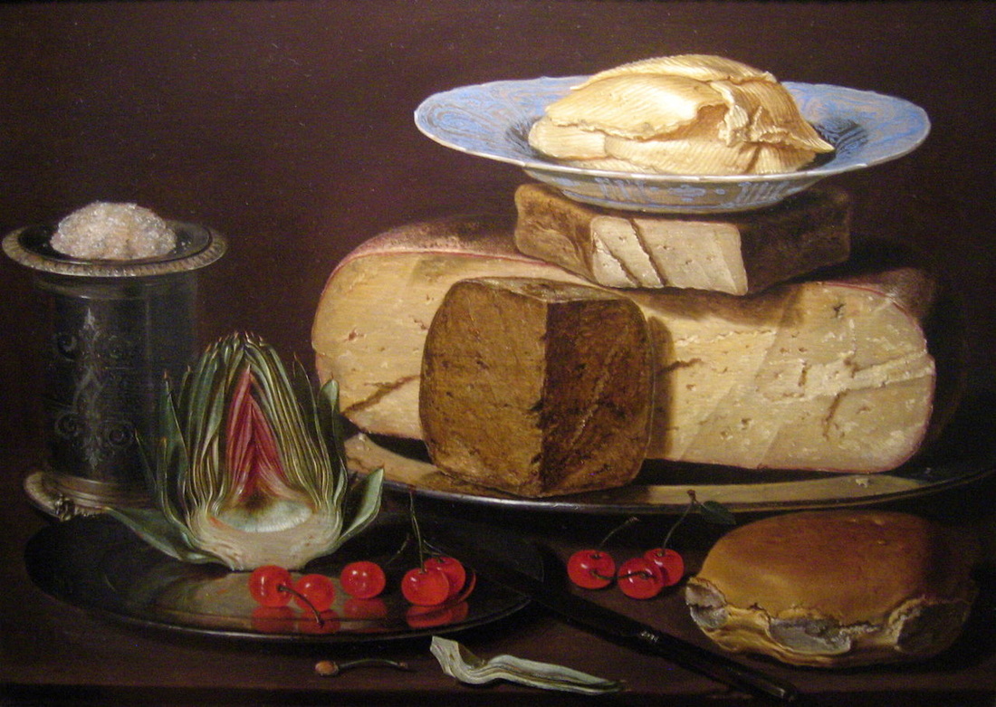 "Still Life with Cheeses, Artichoke, and Cherries" (1612-1618), by Clara Peeters. Source: https://commons.wikimedia.org