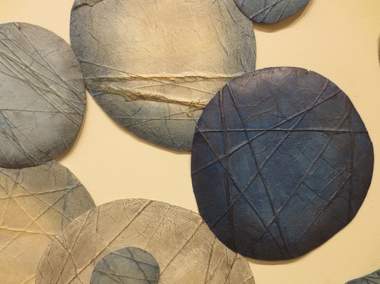 Detail of "Puku, Puku, Puchi, Puchi" (stainless mesh, paper, yarn, indigo, pencil), by Yoko Kataoka (Tokyo). "Best of Show" at Fiber Arts VII (2015), Sebastopol Center for the Arts, Sebastopol, CA.