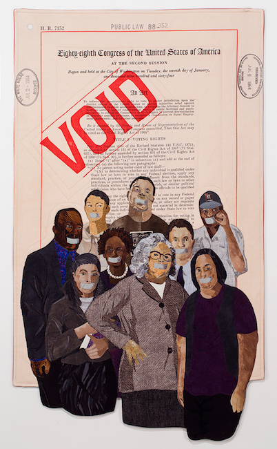 "No Vote, No Voice" (2017), by Alice Beasley. Textiles. This is Beasley's response to the day the Supreme Court gutted the Voting Rights Act and turned its back on voting as central to democracy. 