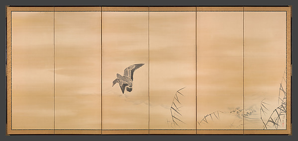 "Goose and Reeds, Willow and Moon." Pair of six-panel folding screens; ink, color and gold on paper, by Maruyama Ōkyo (Japanese, 1733–1795). Metropolitan Museum of Art, NY.