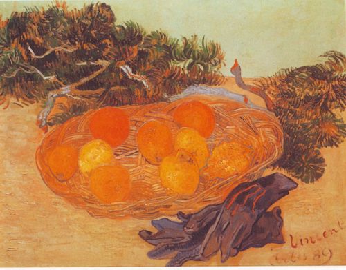 "Stilleben: Früchtekorb und Handschuhe " (1889), by Vincent van Gogh. Source: https://commons.wikimedia.org/wiki/Vincent_van_Gogh