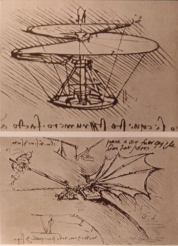 Studies for helicopter and experiment on lifting power of wing (1493), by Leonardo da Vinci. British Museum, London. Source: commons.wikimedia.org