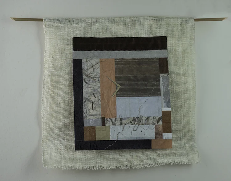 Which Way? 13.5”x13.5” handmade papers (Japan, Korea); Korean hemp ( sambe ), dupioni silk; thread; stitched by hand and machine; bamboo