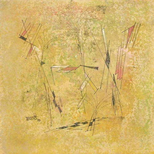 Untitled (1953), by V.S. Gaitonde. 9 x 9 inches. Source: christies.com/