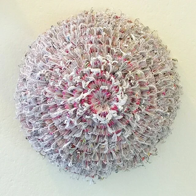 External Factor 3 (2014-2015), by Jaynie Crimmins. 12” x 12” x 9”, shredded household mail, thread over armature, mounted on wood. Source: jayniecrimmins.com/
