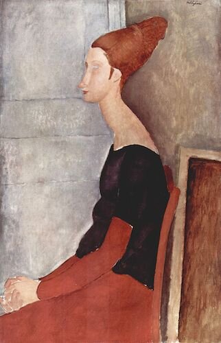 PortrÃ¤t der Jeanne HÃ©buterne in dunkler Kleidung  (1918) ,  by Amedeo Modigliani. Private collection, Paris. Source:  commons.wikimedia.org/