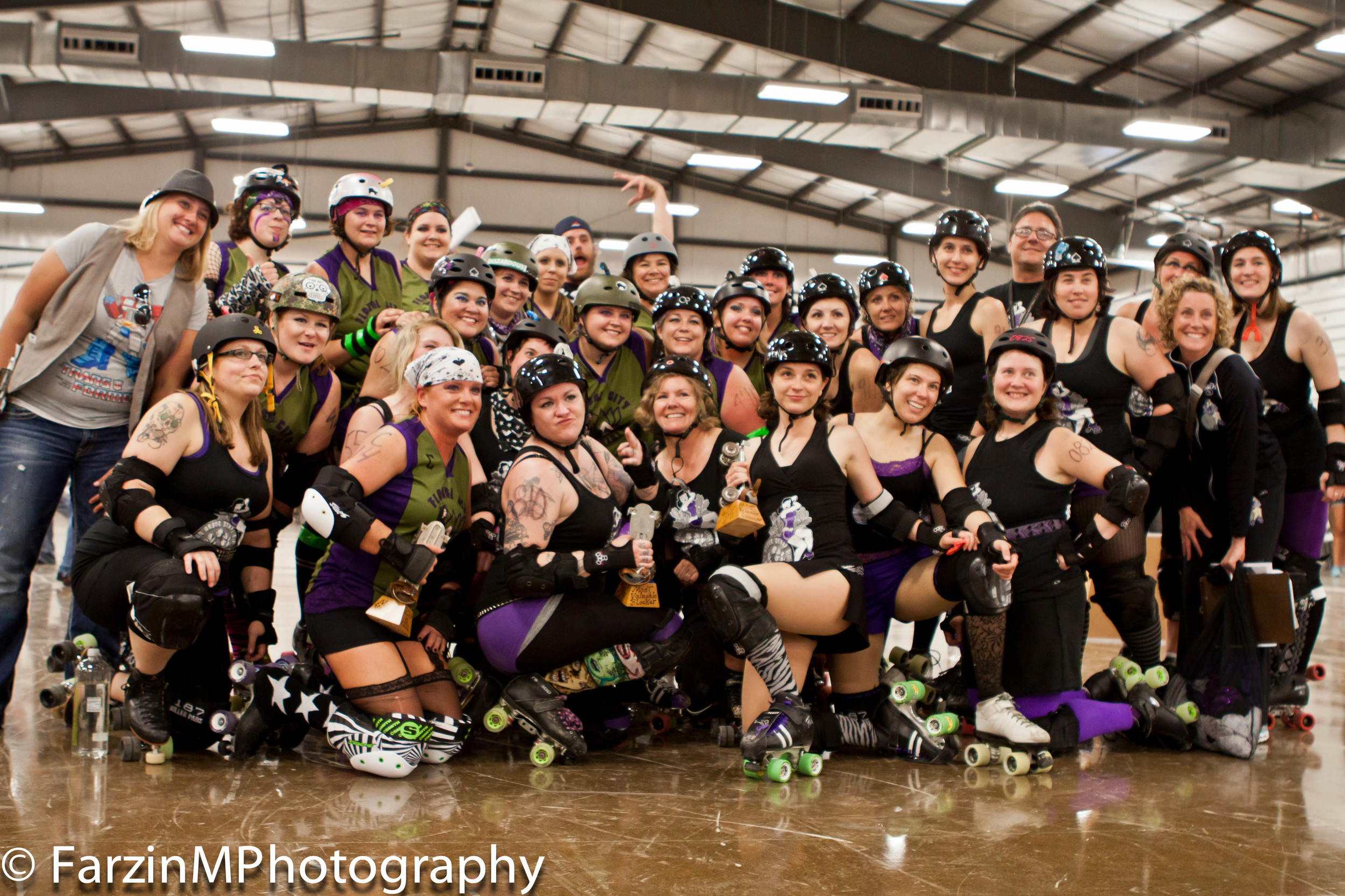 Brawlstars pose with Floral City Roller Girls after A2D2's first official bout, June 2011. / FarzinM Photography