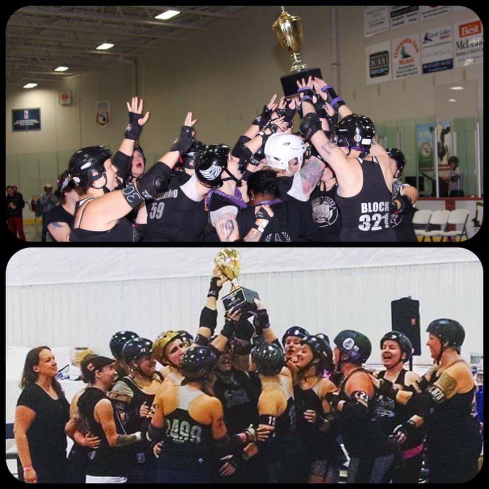 Top: Brawlstars took first place at the 2013 Mitten Kittens tournament. Bottom: Arbor Bruising Company brought home the first place trophy in Mitten Kittens' 2016 division 1 tournament. 