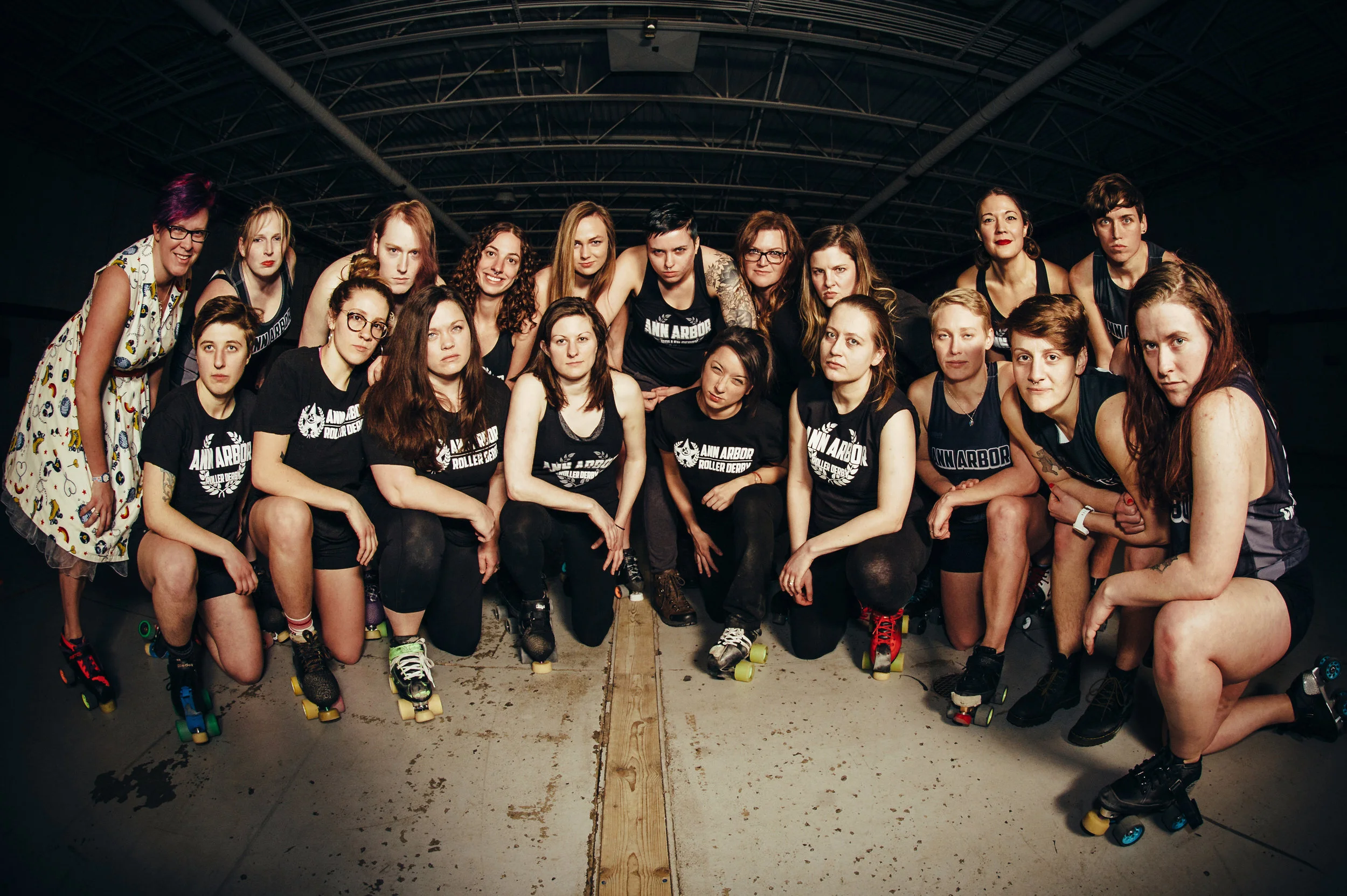 © Andrew Potter , 2019 FROM LEFT TO RIGHT - Emma Pistol (trainer), Fresh AF, Derive By (trainer/recruitment), Tabooty, Violet Death, Grand Thigh Witch, Eternal Sulfuring, Slammin’dorf, Terminate Her, Peril Streep, PaciFIST, Melicious, Hop SlamHer, Nadia, The Hammer (trainer), Big Tails, Fatoosh Bag (trainer), Han Over Fist (trainer), Freeda Radical (trainer) NOT PICTURED - Acute Distress, Emma Biotic, Julia Harb