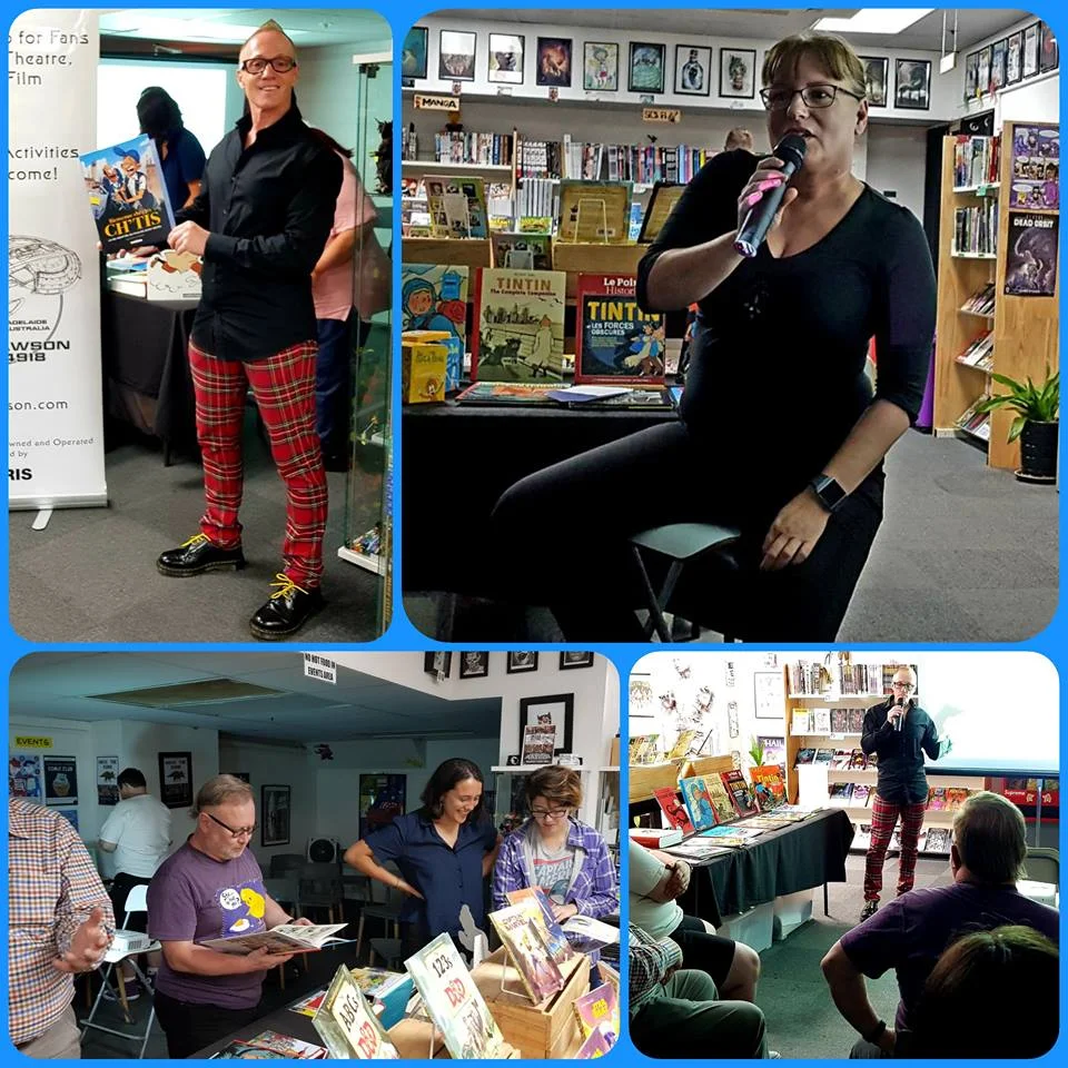 Feb 9, 2019: There was a great gathering of comic book fans in Greenlight Comics for Starship Mawson's presentation of la bande dessinée. Starship Mawson Event Director, Stuart Blair, delved into his thesis investigations of the literature, as well as discussing the influence of la bande dessinée in a global society. Ilona spoke about the Brothers Grimm and a parochial pair of cartoon characters from the city of Stuttgart in Germany.