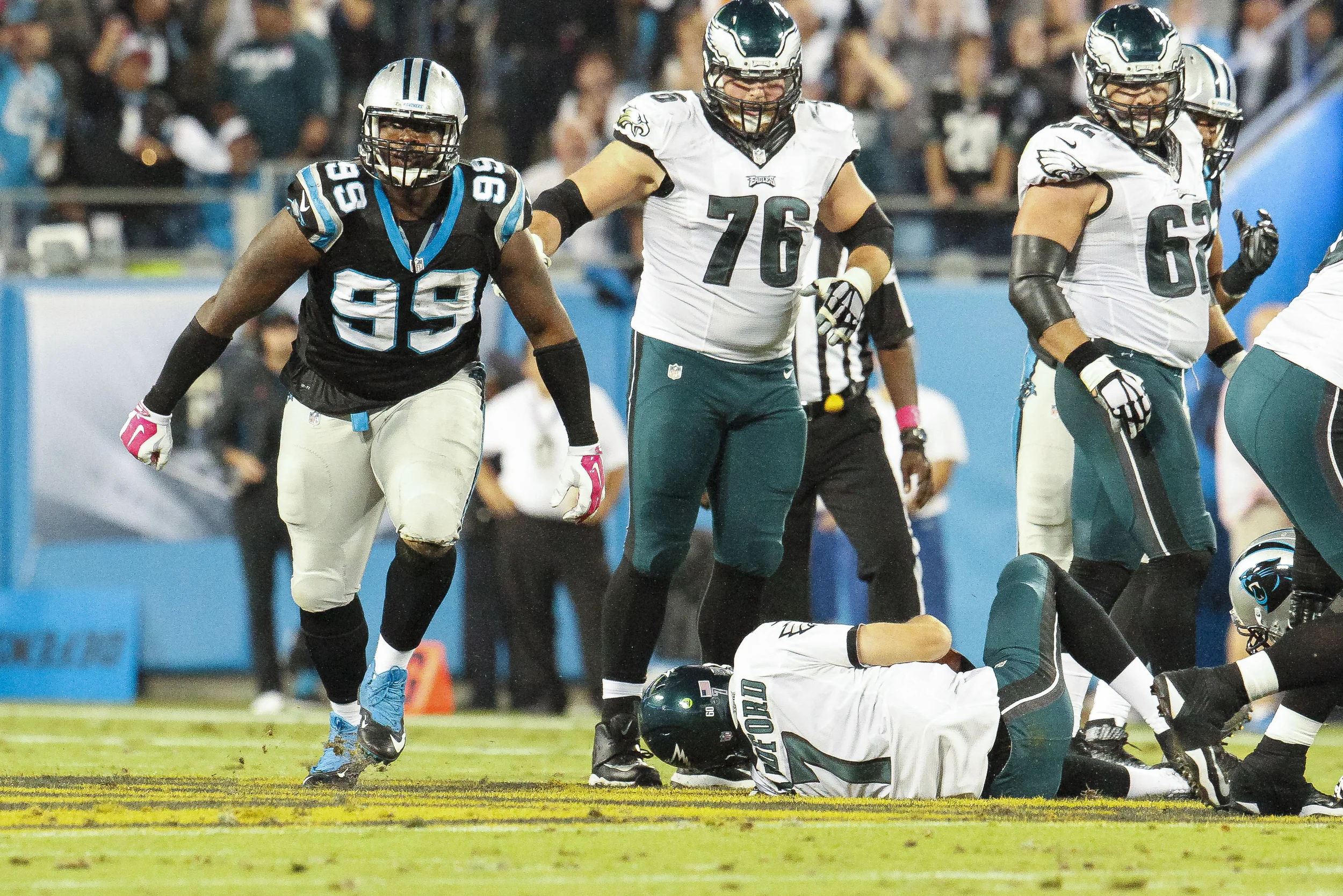  October 25, 2015: defensive tackle Kawann Short (99) of the Carolina Panthers celebrates after getting Carolina's second sack of the game during the Sunday Night Football matchup between the Philadelphia Eagles and the Carolina Panthers at Bank of A