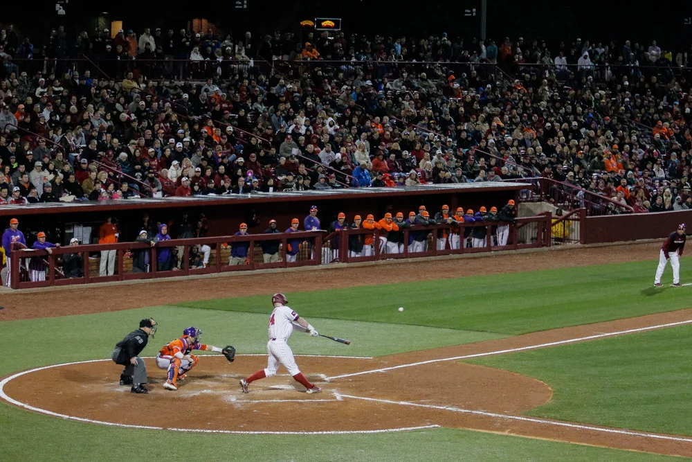 March 4, 2016: Alex Destino (24) of the South Carolina Gamecocks drives in two runs in the NCAA Baseball match-up between the Clemson Tigers and the South Carolina Gamecocks at Founder's Park in Columbia, SC. Scott Kinser/CSM