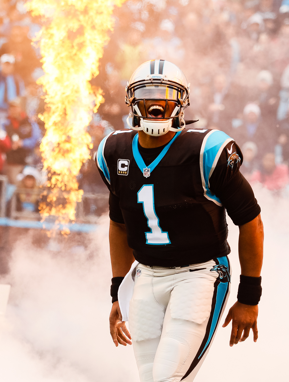 December 11, 2016: quarterback Cam Newton (1) of the Carolina Panthers makes his entrance before the NFL matchup between the San Diego Chargers and The Carolina Panthers at Bank of America Stadium in Charlotte, NC. (Scott Kinser/Cal Sport Media)