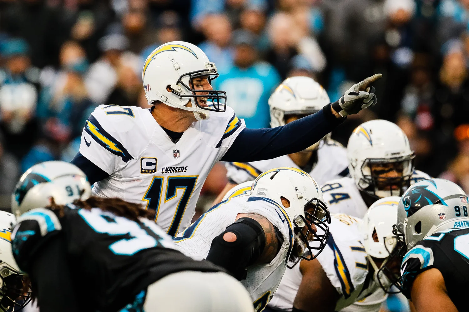December 11, 2016: quarterback Philip Rivers (17) of the San Diego Chargers calls out the defensive coverage in the NFL matchup between the San Diego Chargers and The Carolina Panthers at Bank of America Stadium in Charlotte, NC. (Scott Kinser/Cal Sport Media)