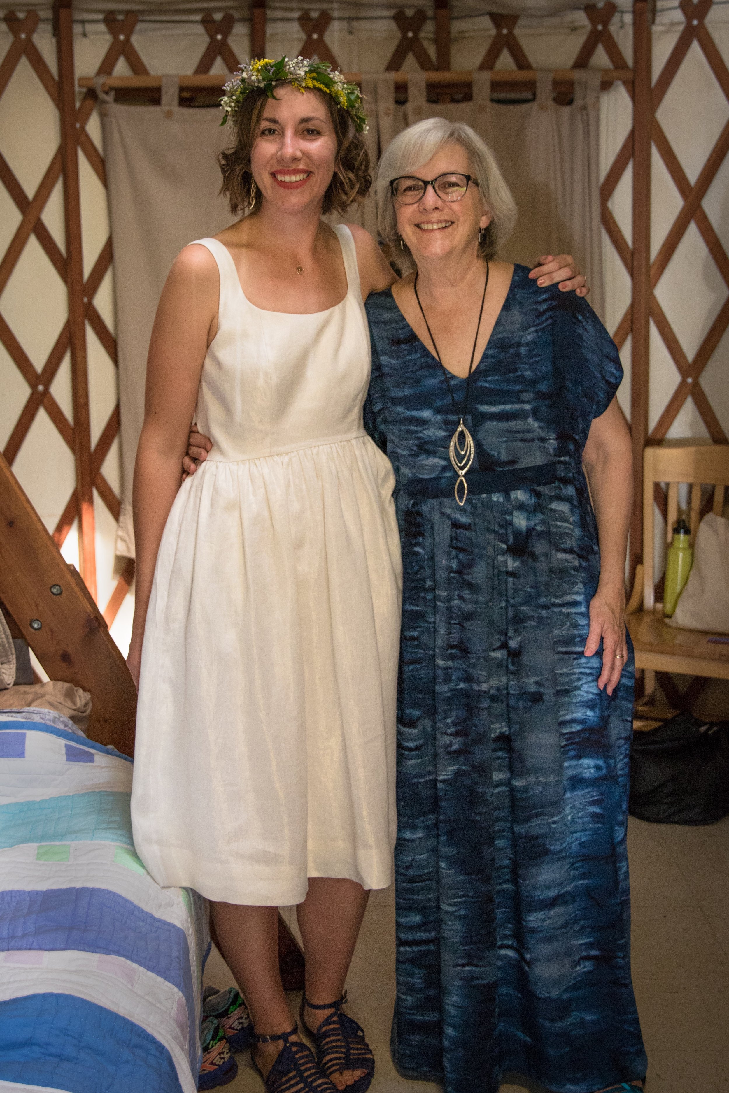Me freshly zipped in my golden dress and my mom in her handmade rayon Closet Case Charlie Caftan! 