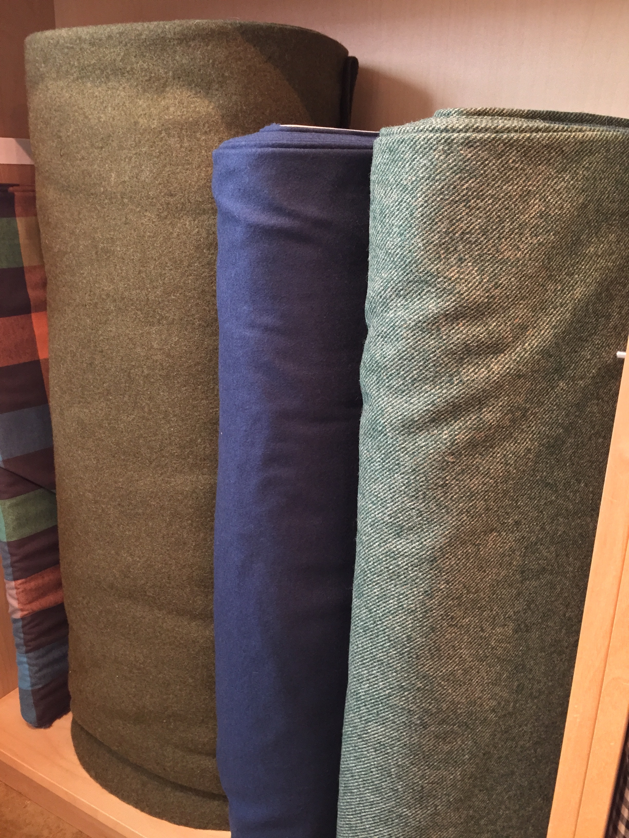 Wool blend coatings: olive, steel blue, bottle green twill.