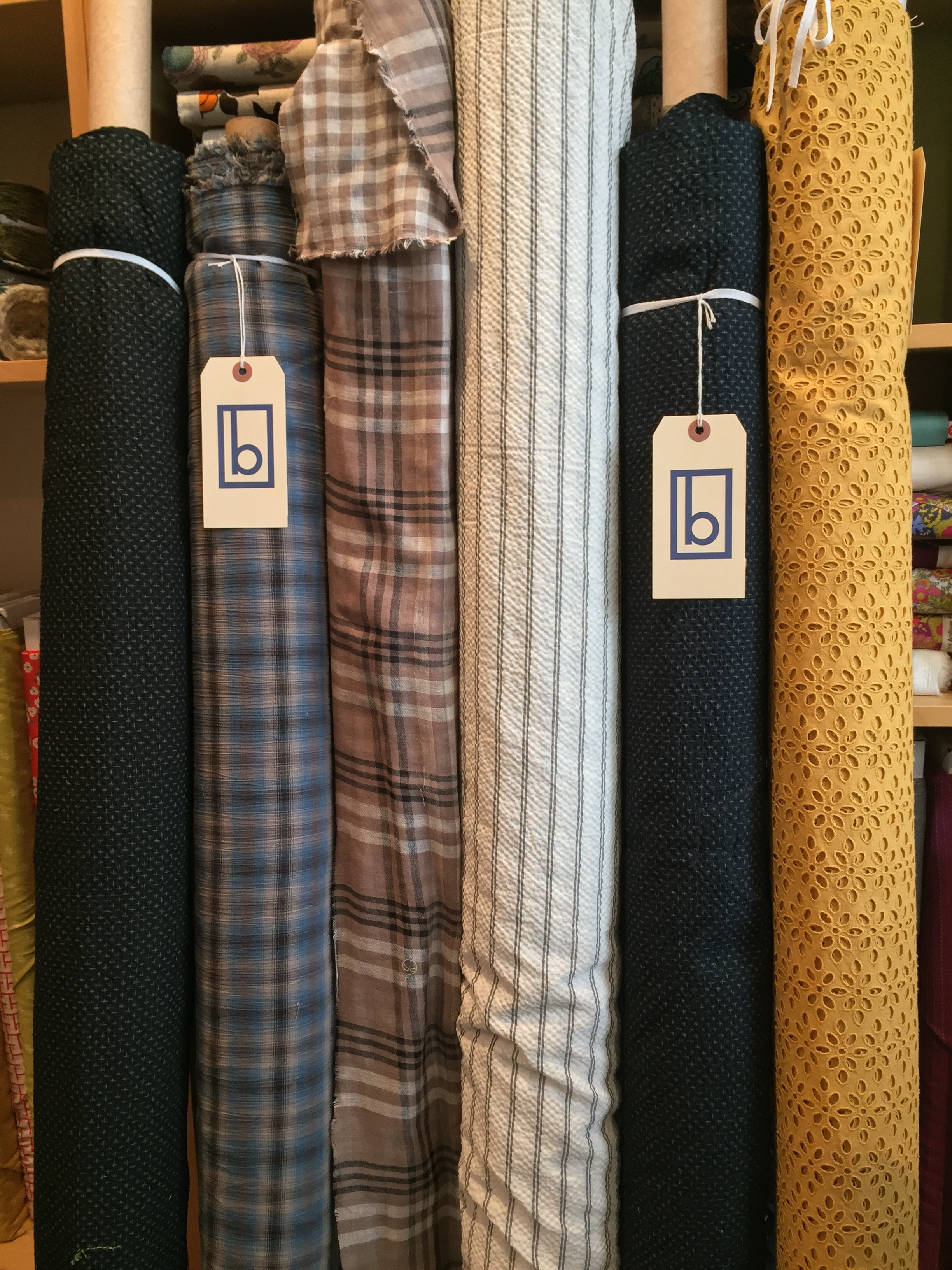 Loads of texture in this group: plisse, crinkle plaid, double sided gauze plaid, mustard color cotton eyelet.