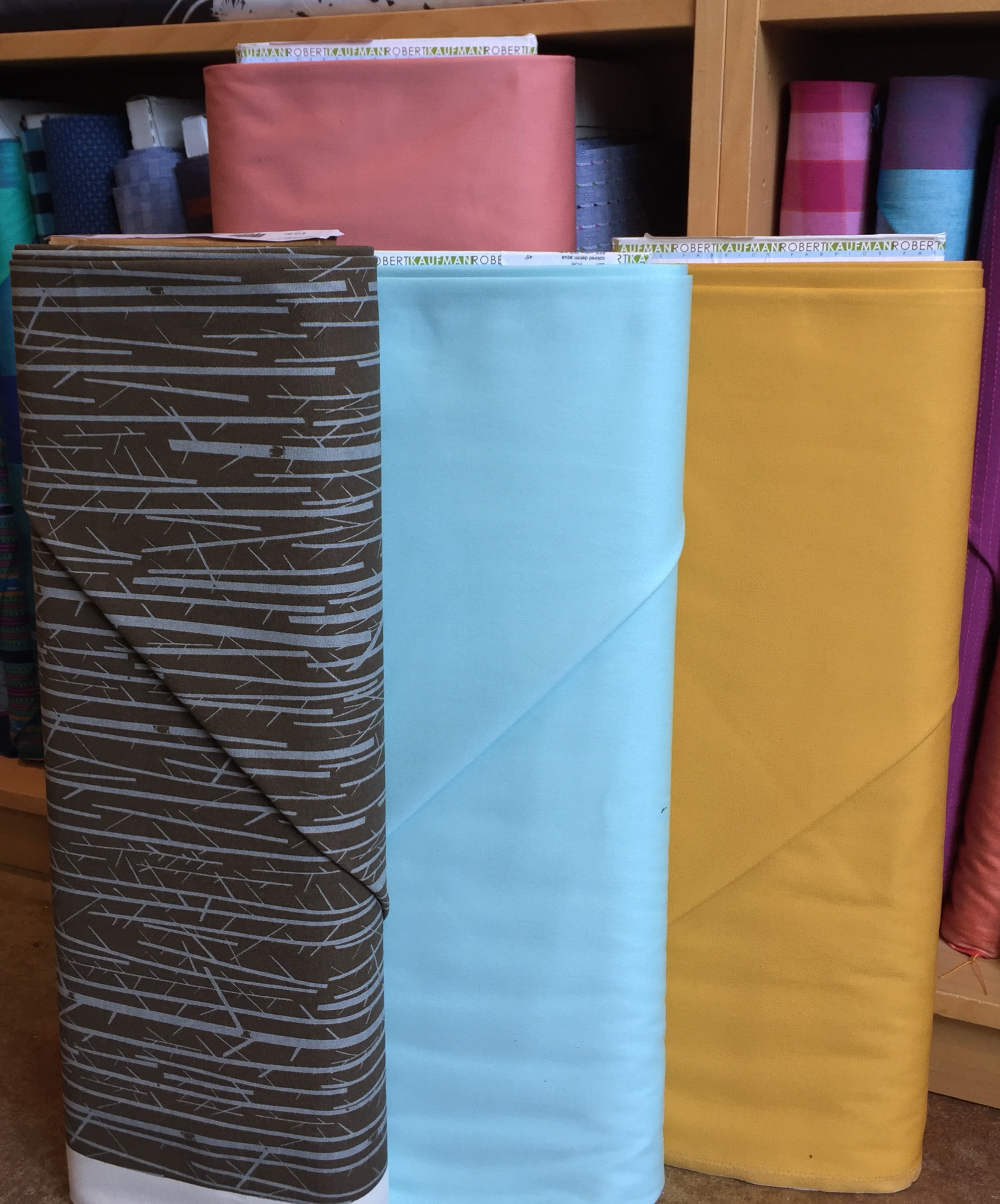 A new, fresh color of Robert Kaufman's stretch twill--a gorgeous bottom or coat weight, in dusty peach. Aqua and curry colored denim! And an organic cotton canvas, a la Charley Harper.