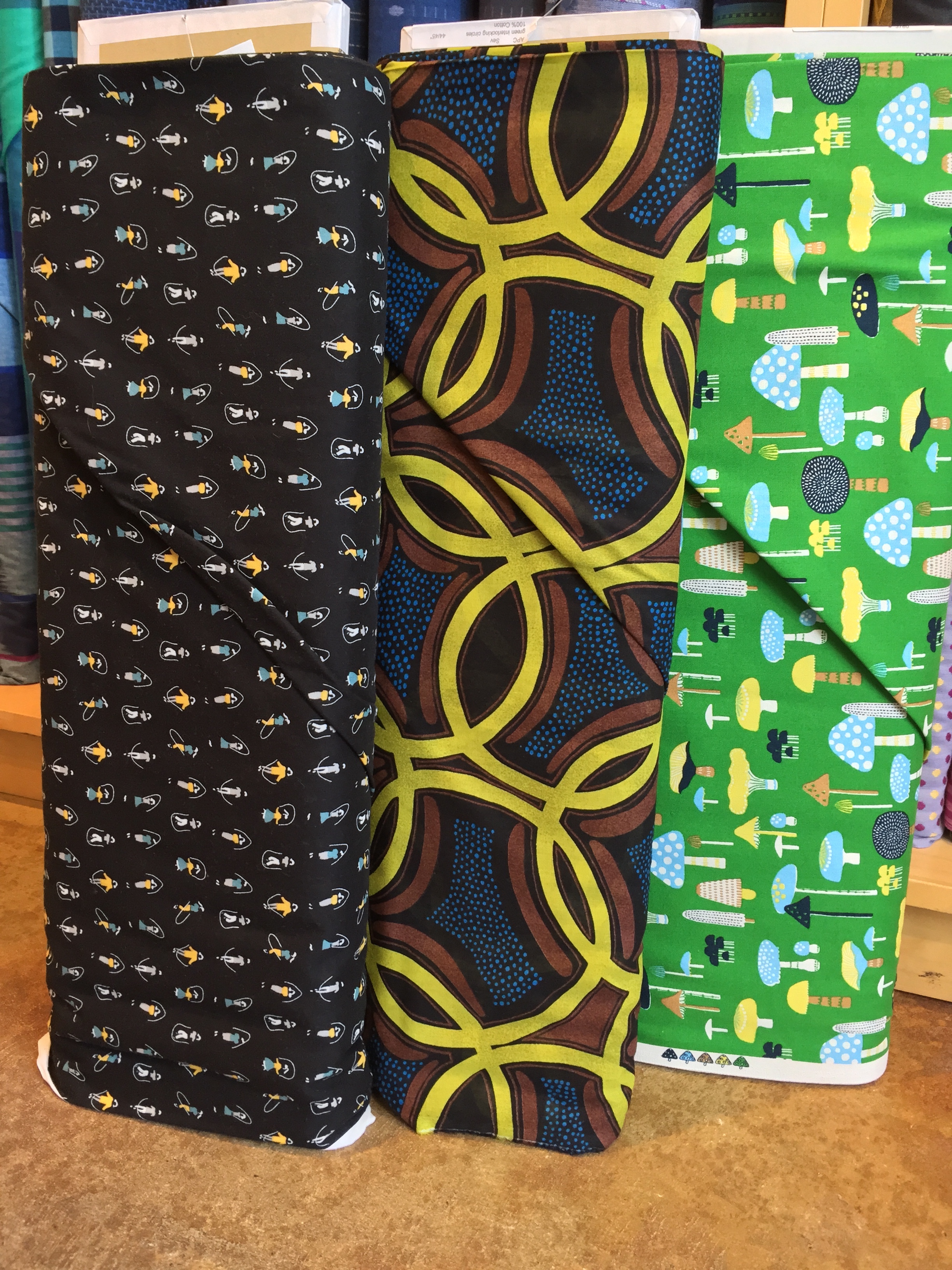 Dress weight jump ropers and bold geometric, cartoonish mushrooms on cotton canvas.