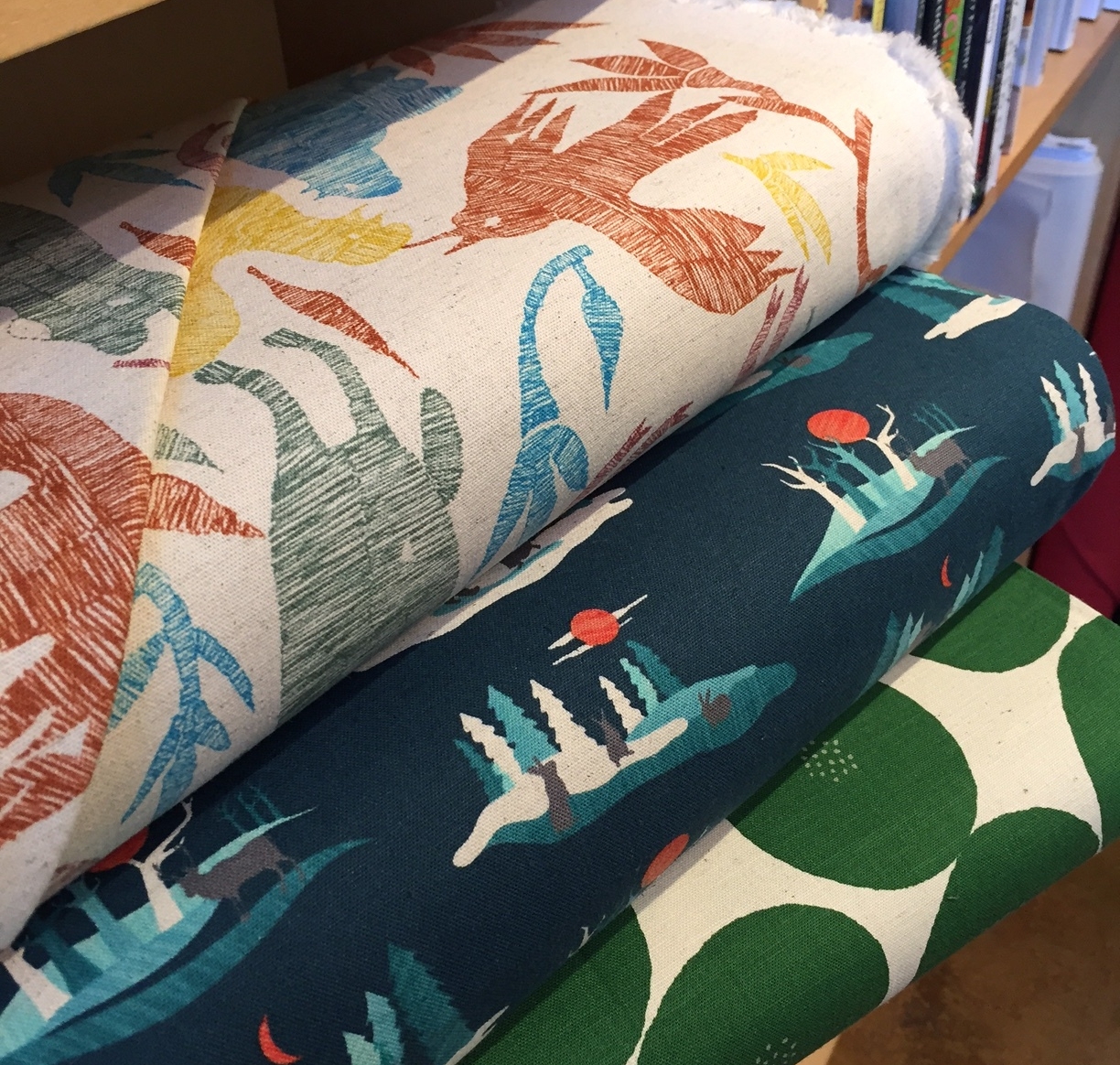 Canvas! Otomi print, forest animals after dark, and green on white circles.
