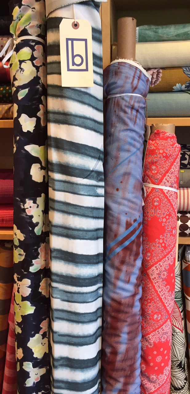 A striking silk floral on the left and three intriguing rayons on the right.