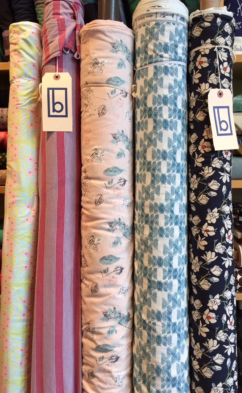 cotton and rayon knits, the three on the right are the plush, soft cotton / stretch blend from Art Gallery that we have been falling in love with.