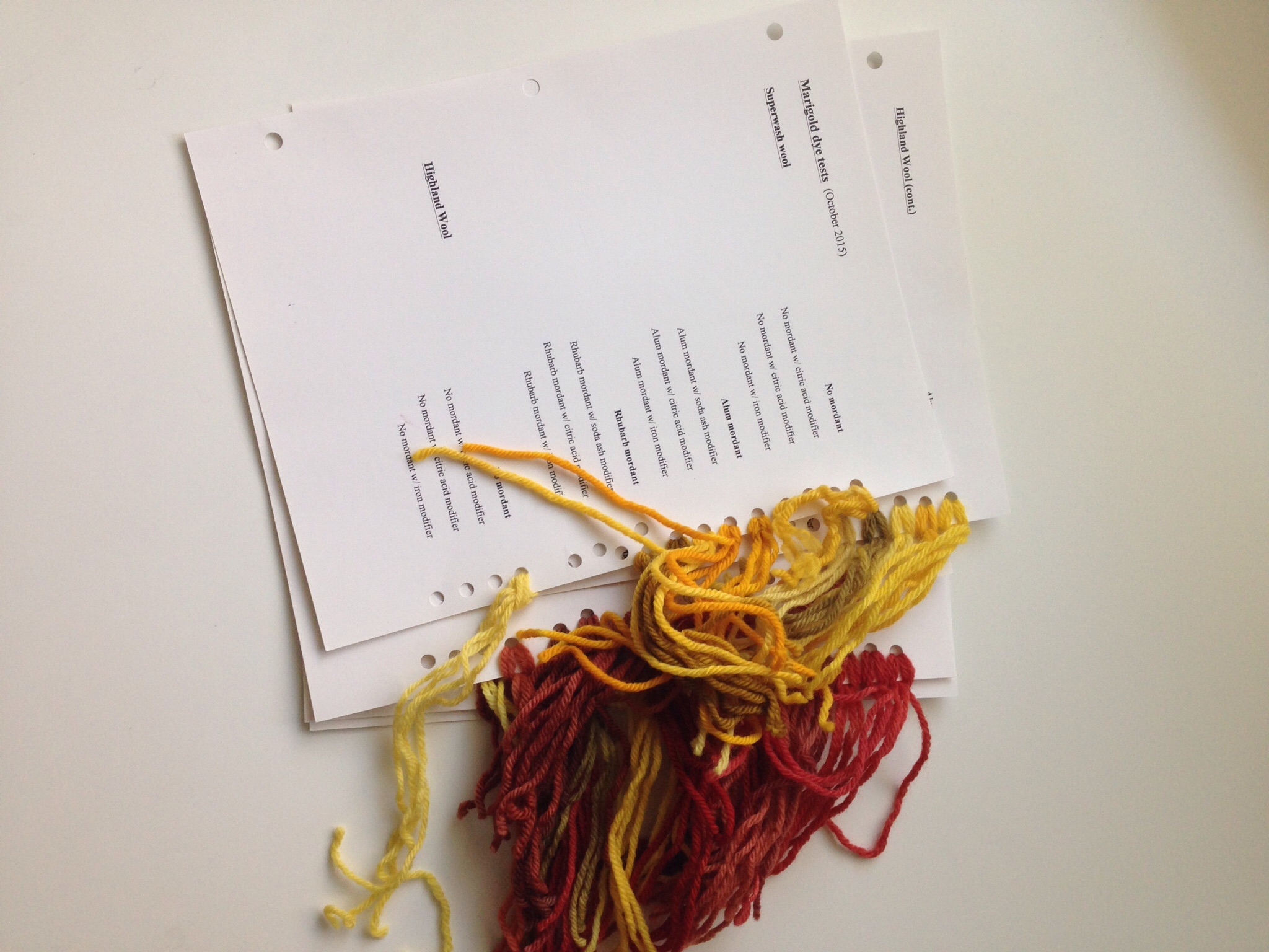 A variety of yarns dyed with marigold and madder