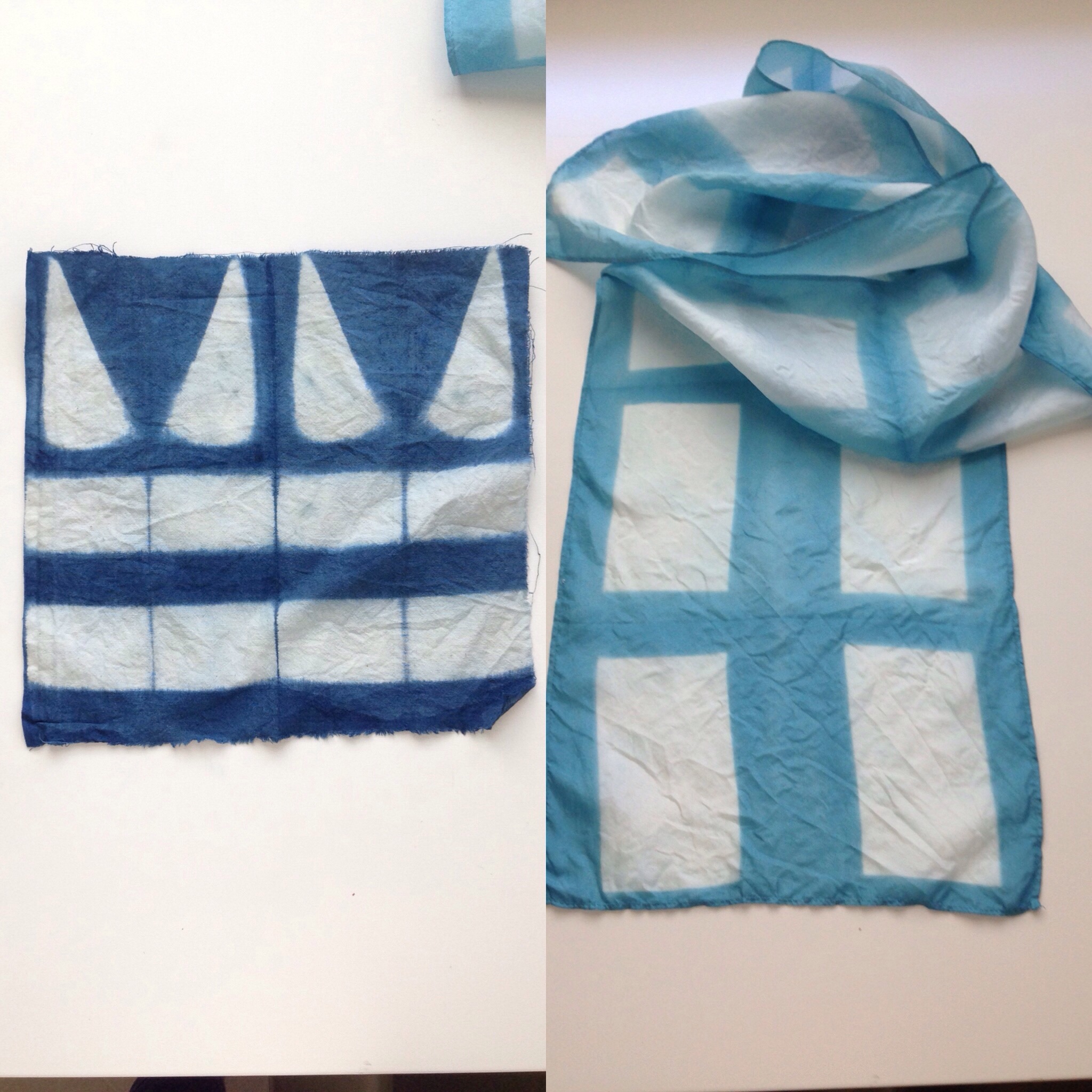 Left: my most successful sample using synthetic pre-reduced indigo. Right: my final scarf, silk dyed in fresh indigo.