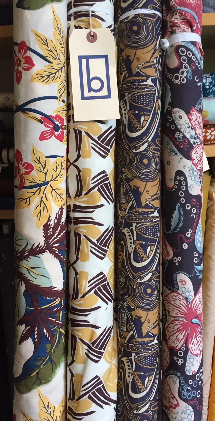 These mod-retro tropical prints from designer Reyn Spooner include two rayons on the right and two lusciously soft cottons on the left.
