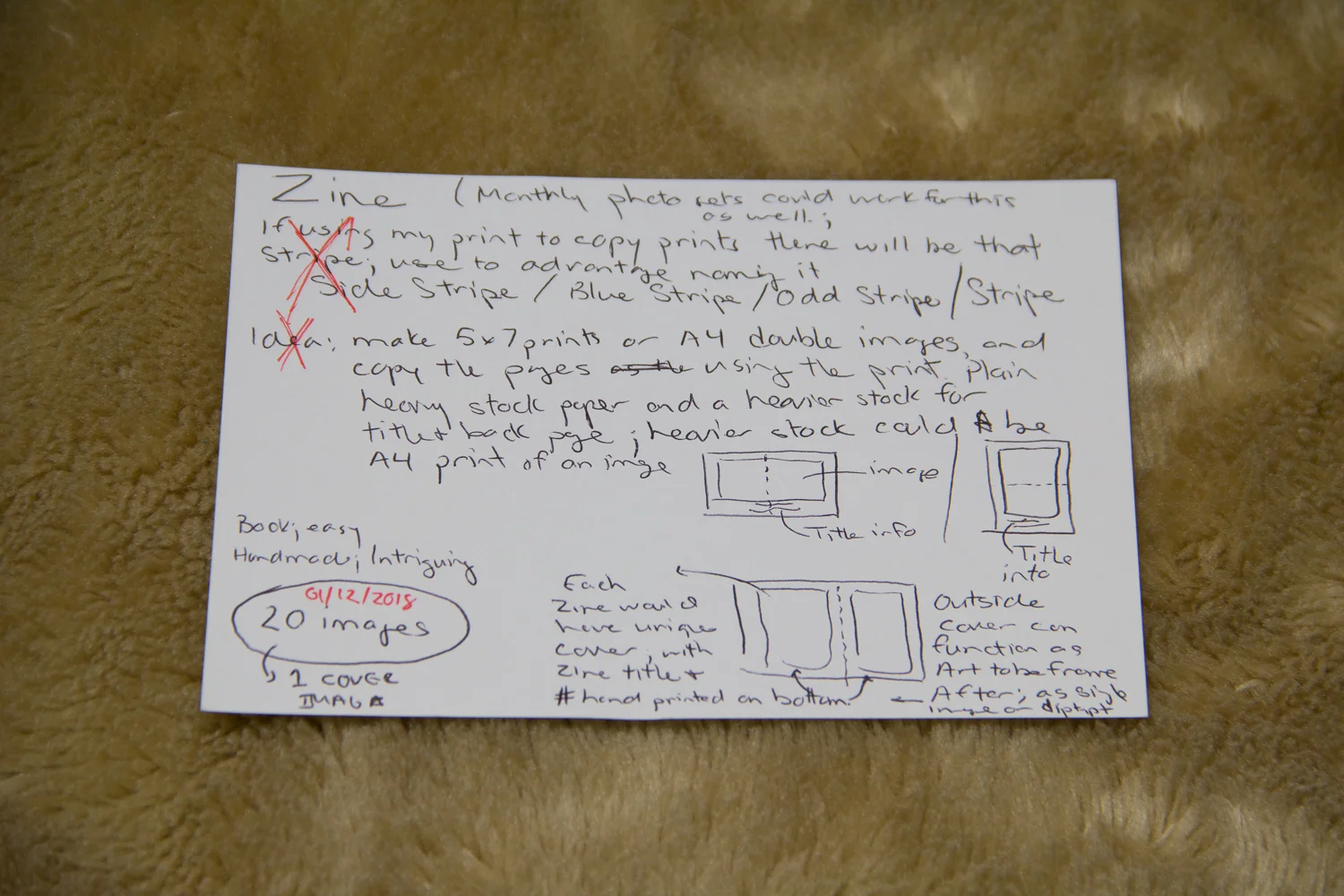 Index cards are a quick and easy place to jot down ideas and some layout doodles