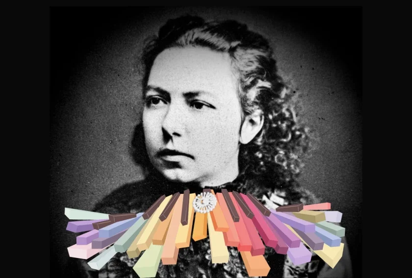 Agnes Tyrrell with a colorful keyboard collar (image by Emily Duncan Wilson)
