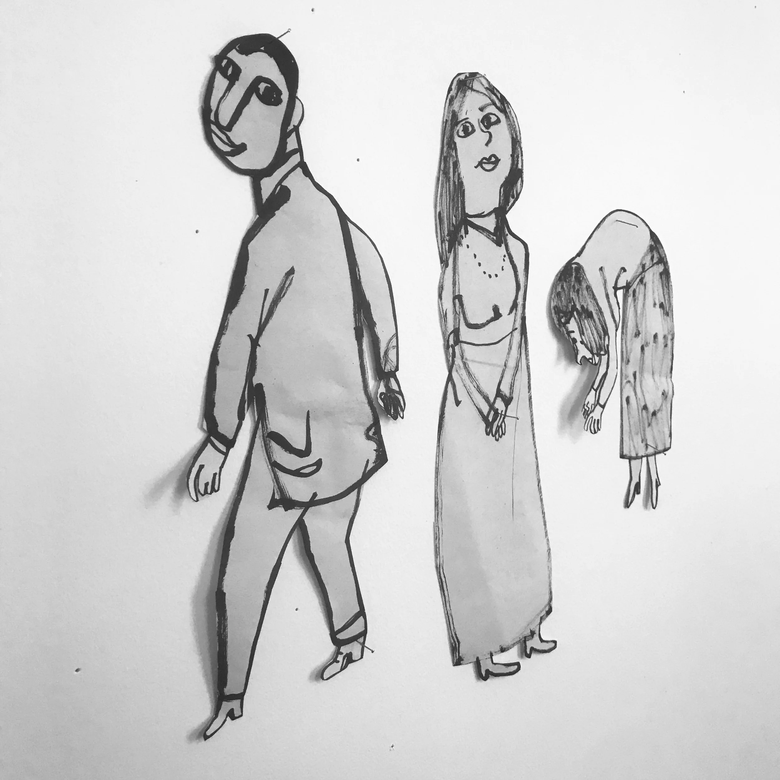 Ink on newsprint with silver pins.