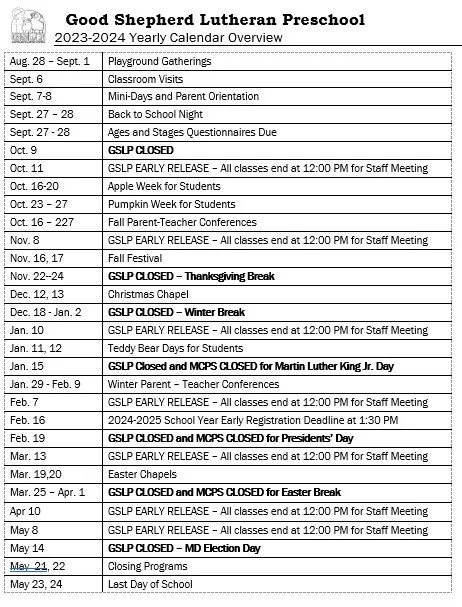 School Calendar — Good Shepherd Lutheran Preschool