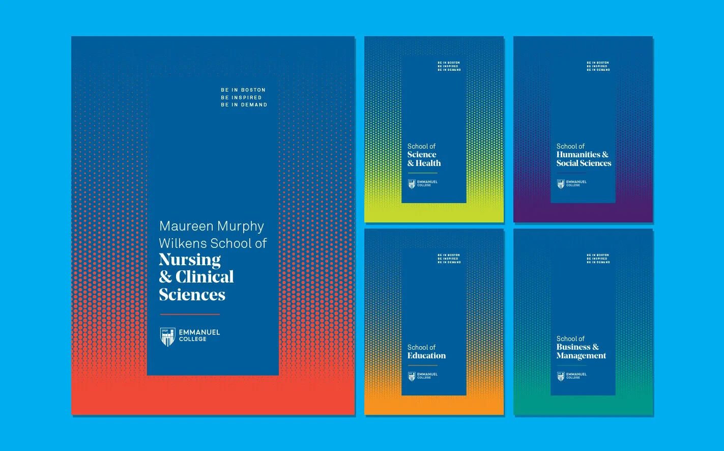  Series of five large brochures featuring the newly designated academic schools of Emmanuel College. Design and Art Direction.   View the brochures  here  