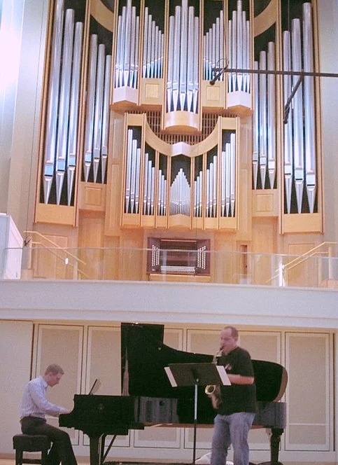 The composer and Marc Ballard rehearsing for the premiere of Lento Drammatico at Indiana University.