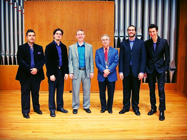 The composer with the members of the Mana Saxophone Quartet at the premiere of Adagio Notturno in 2011 (also pictured: Richard Scruggs, professor of saxophone at Carson-Newman University).
